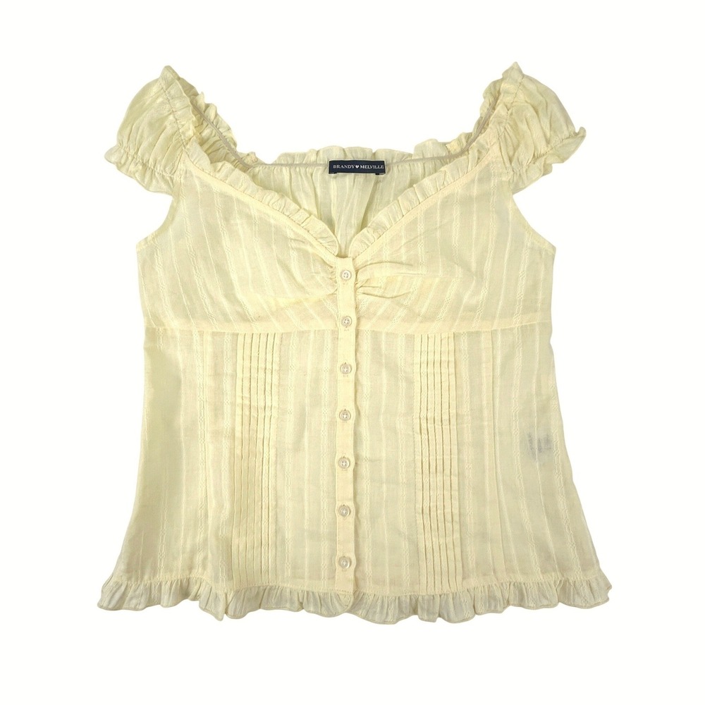 Brandy Melville Elena Top‎ Pale Yellow Ruffle Trim Cotton Button Front